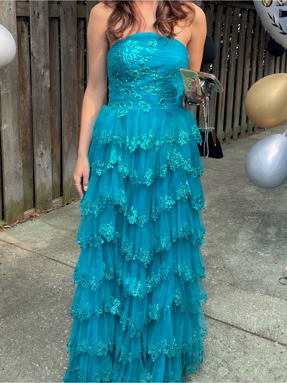 Strapless Teal Tiered Ruffle Prom Dress